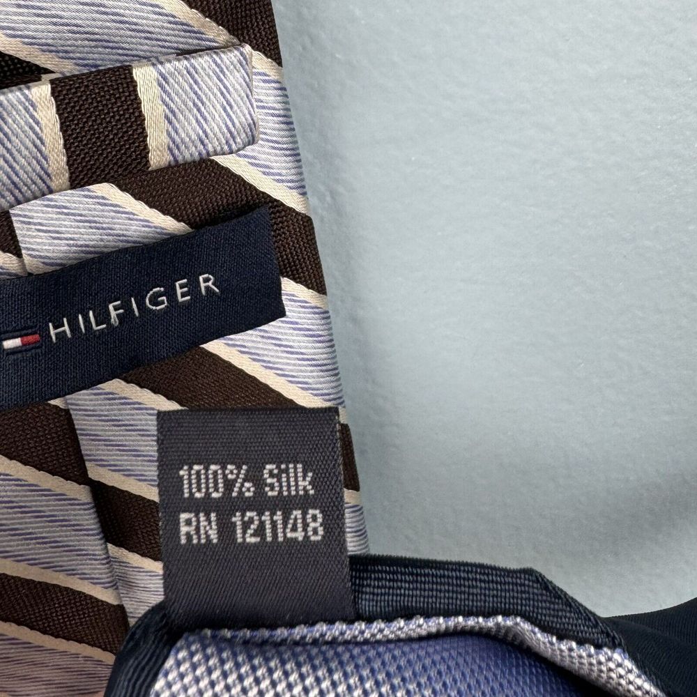Tommy Hilfiger Men's Blue White Brown Diagonal Striped 3.5" Silk Tie Necktie - Picture 4 of 5